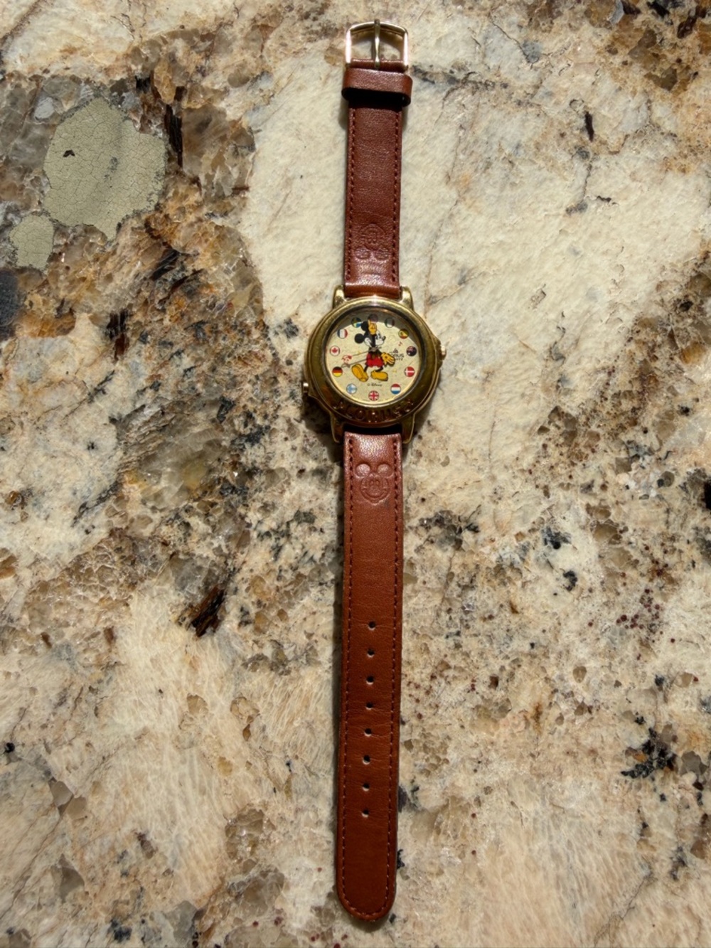 Vintage Disney World Brown Leather Strap Men’s Watch with Character Dial